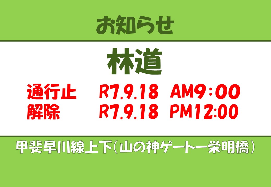 【林道 甲斐早川線上下】通行止め・解除